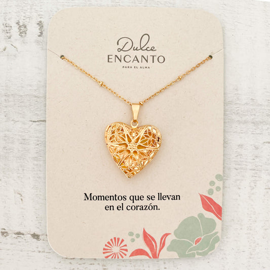 Cadena Larga Relicario Corazón Filigrana Con Significado