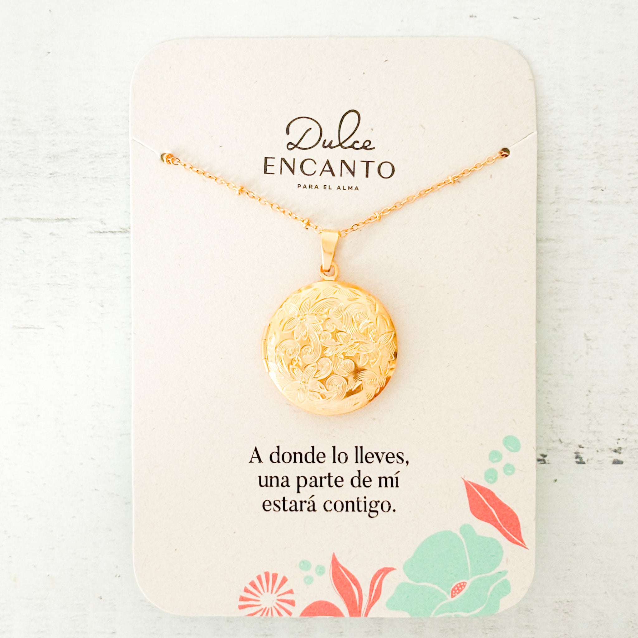 Cadena Larga Relicario Redondo Trazos Florales