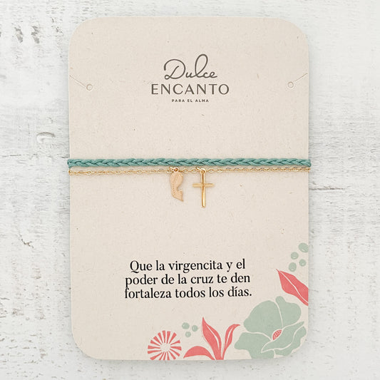Pulsera Fe Virgencita Cruz Cadena Trenza Verde