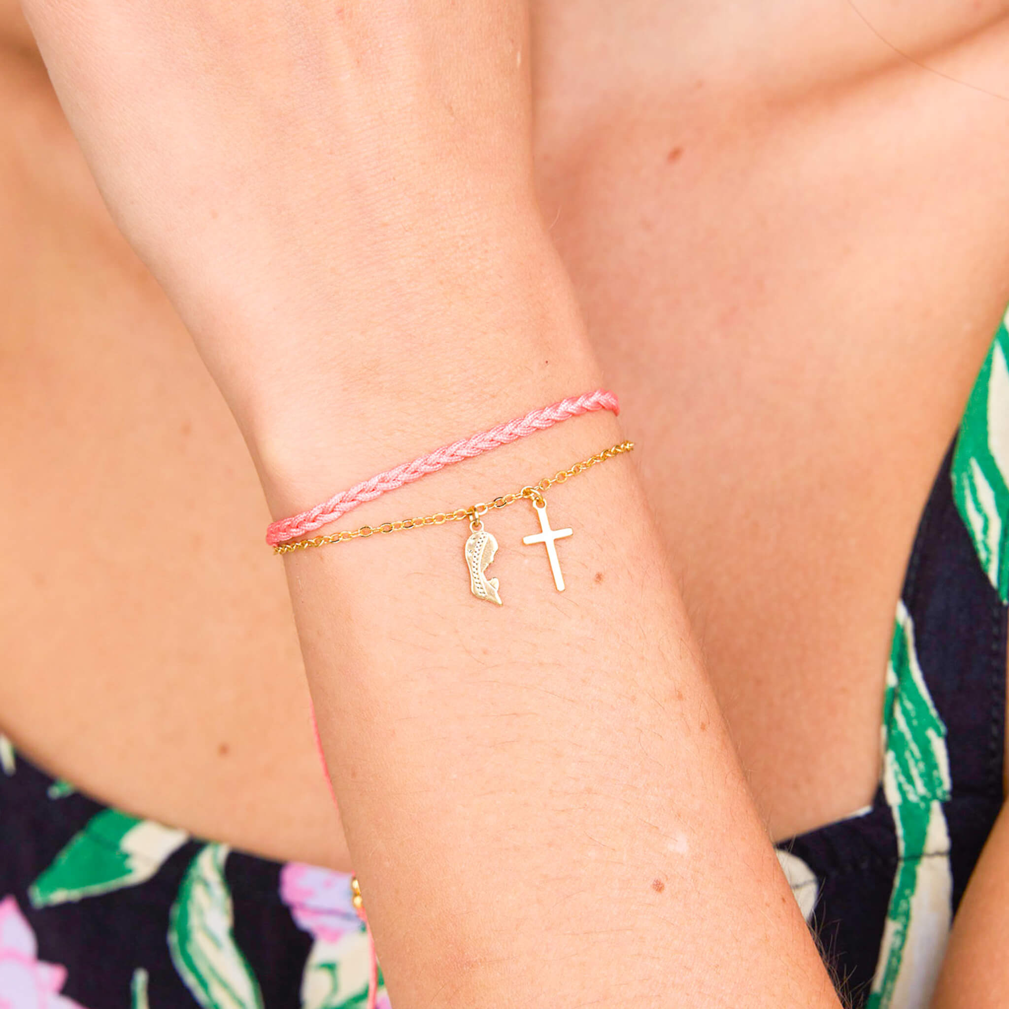 Pulsera Fe Virgencita Cruz Cadena Trenza Rosado