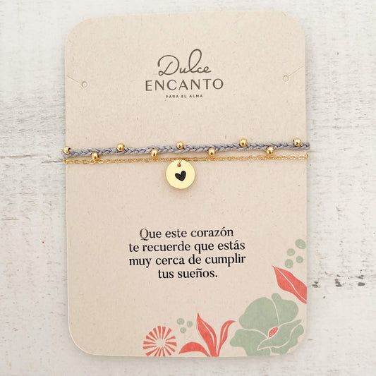 Pulsera Trenza Cadena Corazón Hilo Gris Con Significado