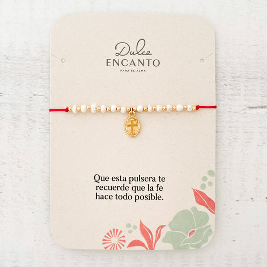 Pulsera Cruz Perlas De Agua Dulce Ajustable Con Significado