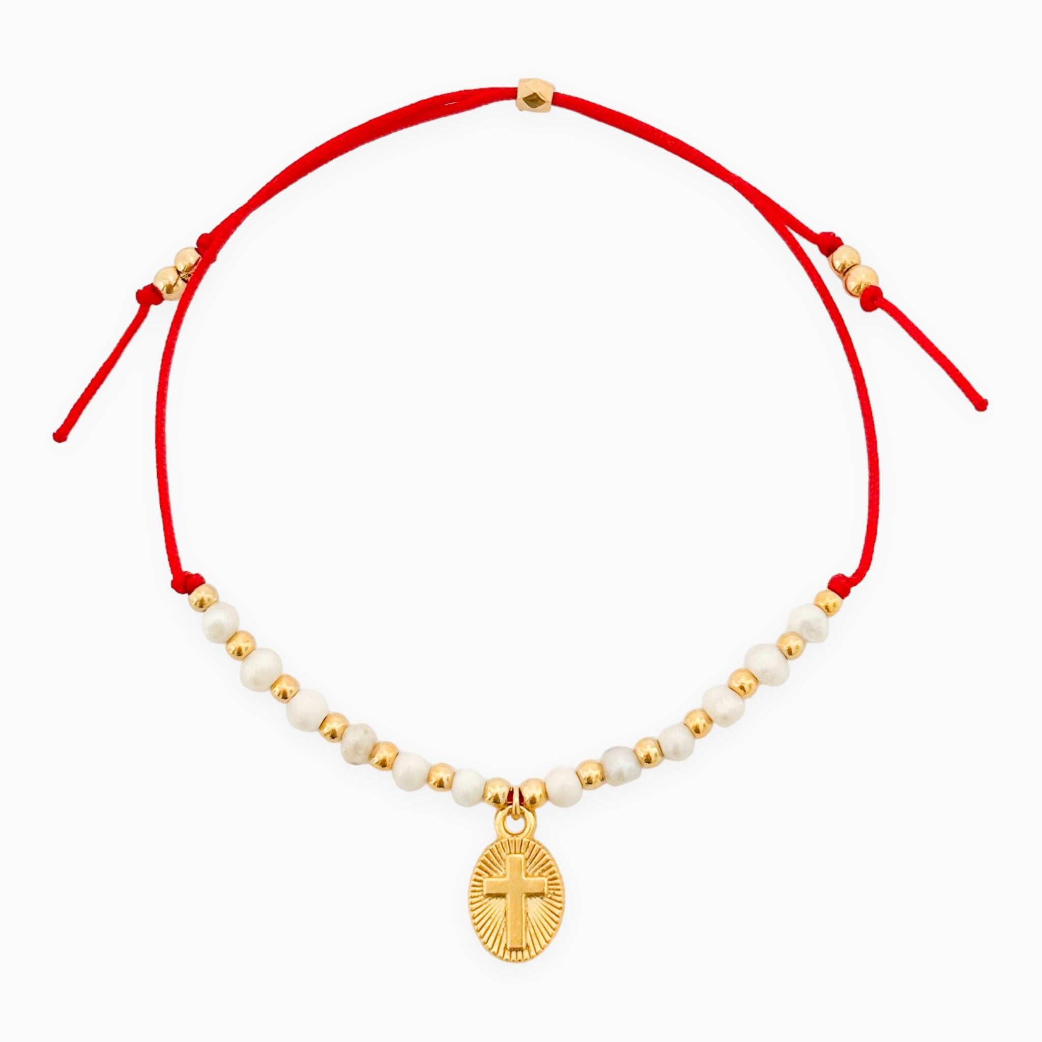 Pulsera Cruz Perlas De Agua Dulce Ajustable Con Significado