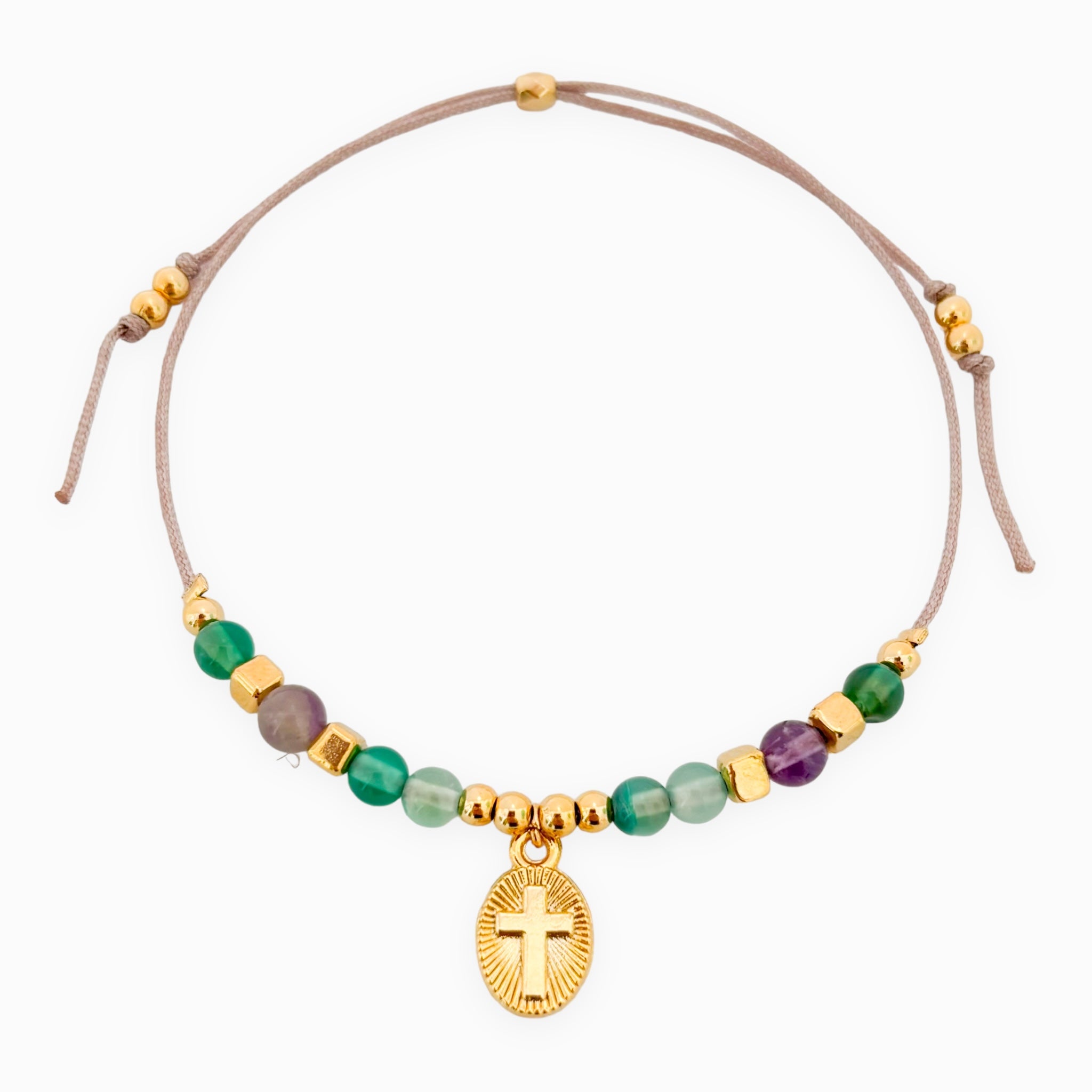 Pulsera Cruz Piedras Hilo Gris Con Significado