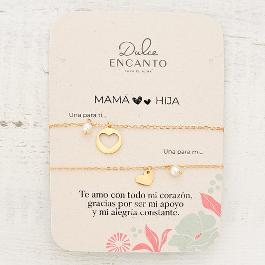 Pulseras Mamá e Hija Corazones Perla X2 Para Compartir