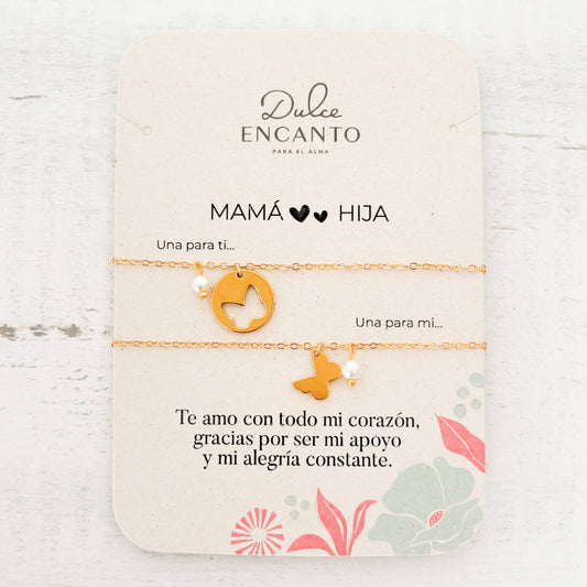 Pulseras Mamá e Hija Mariposas Perla X2 Para Compartir