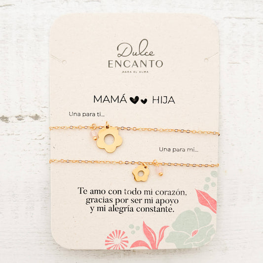 Pulseras Mamá e Hija Flores Muranos Rosado X2 Para Compartir