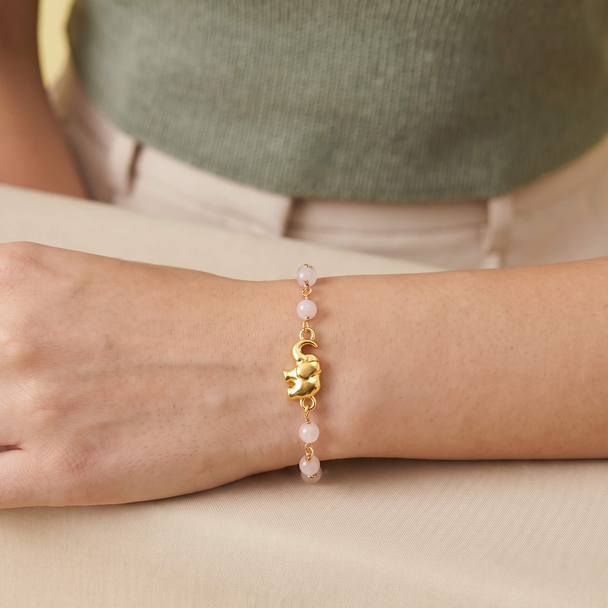 Pulsera Elefante con Muranos Rosados y Broche