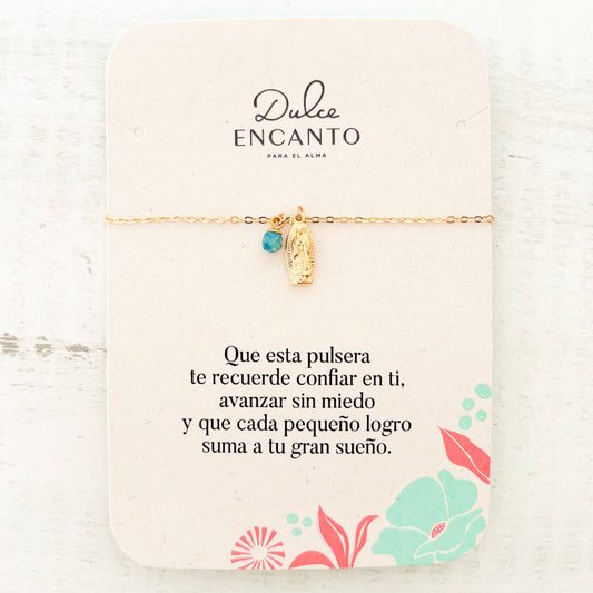 Pulsera Virgencita de Guadalupe Cristal Apatito Azul con Broche
