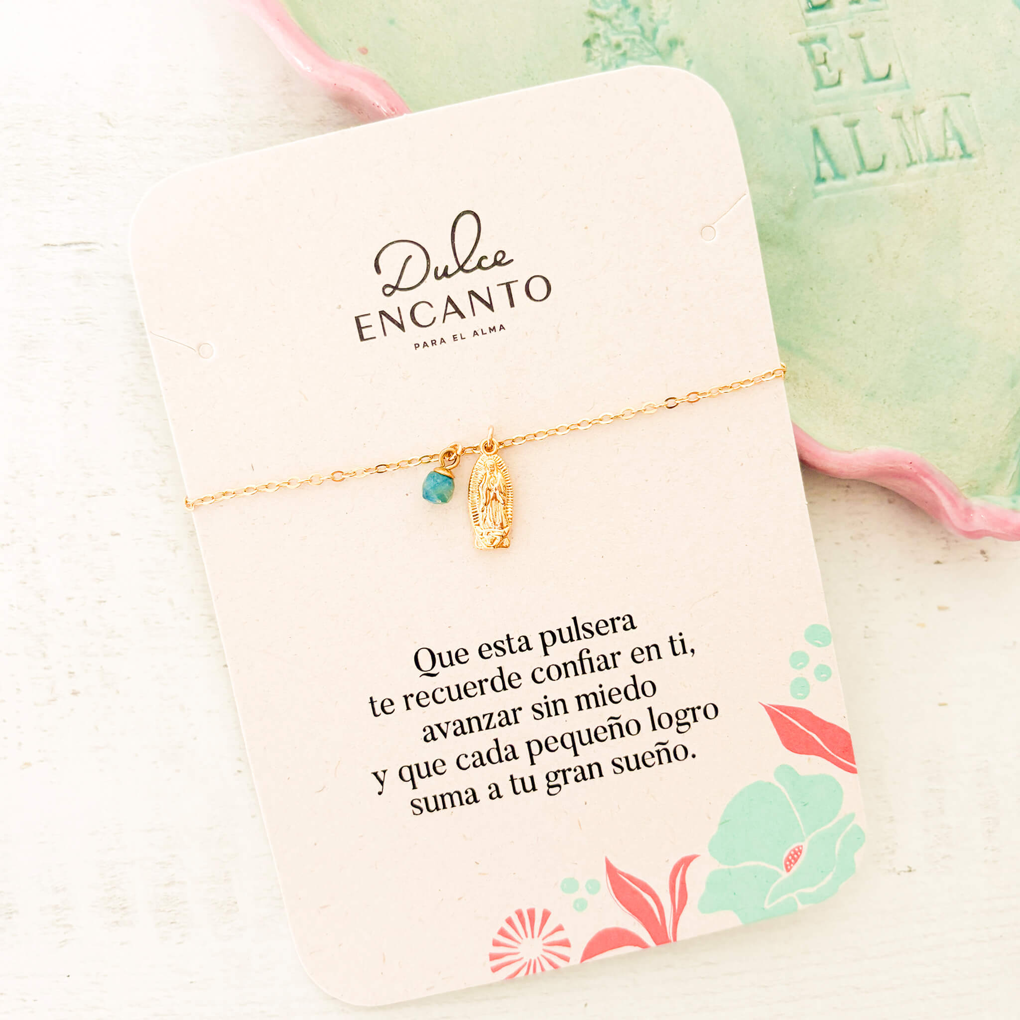 Pulsera Virgencita de Guadalupe Cristal Apatito Azul con Broche