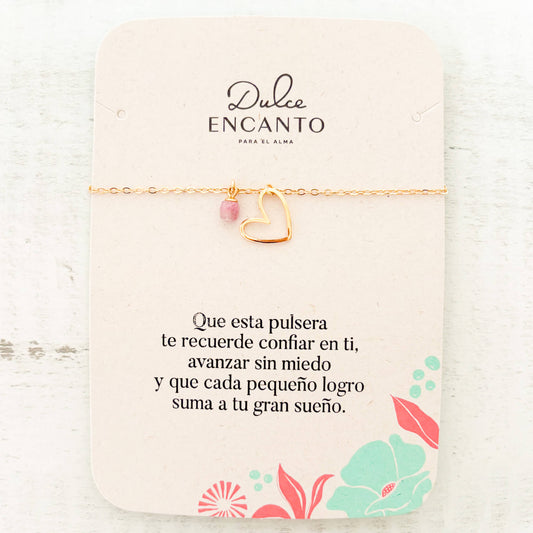 Pulsera Corazón Cristal Cuarzo Rosa con Broche