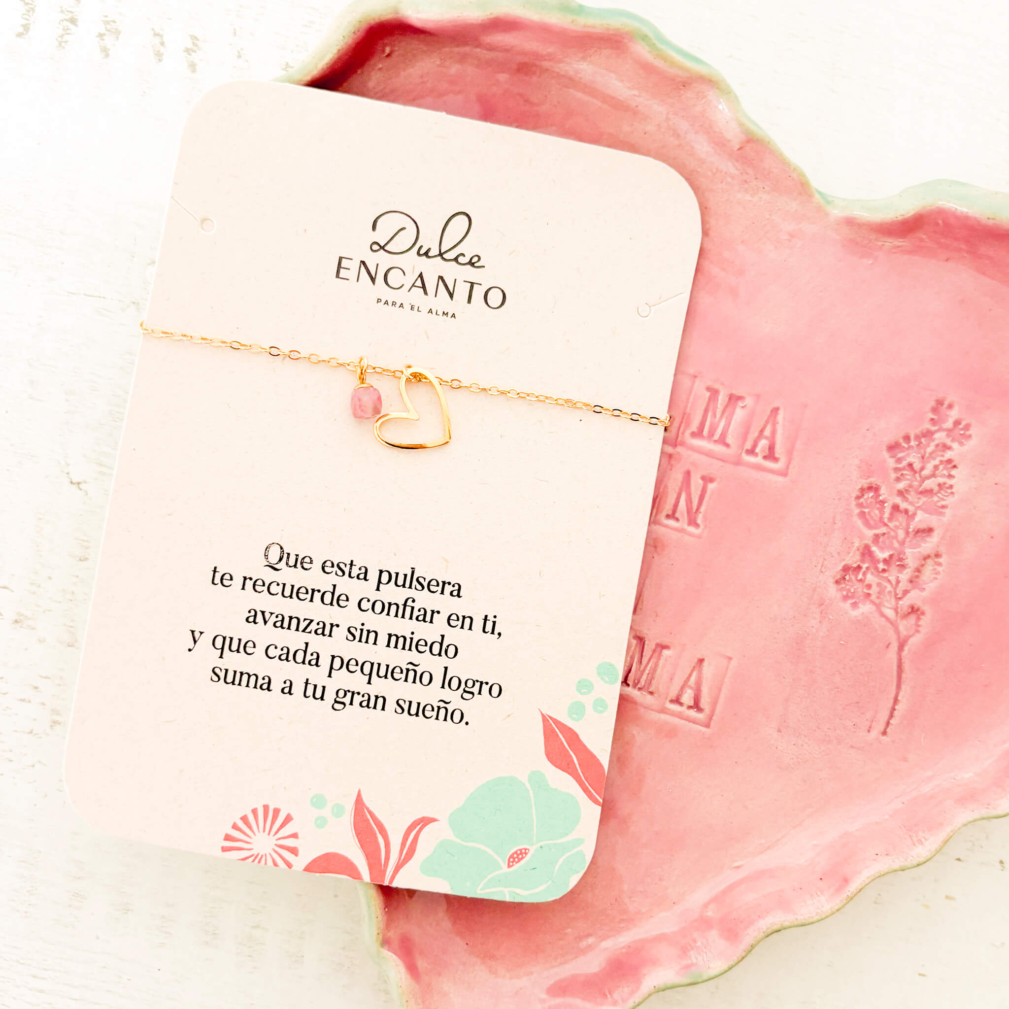 Pulsera Corazón Cristal Cuarzo Rosa con Broche