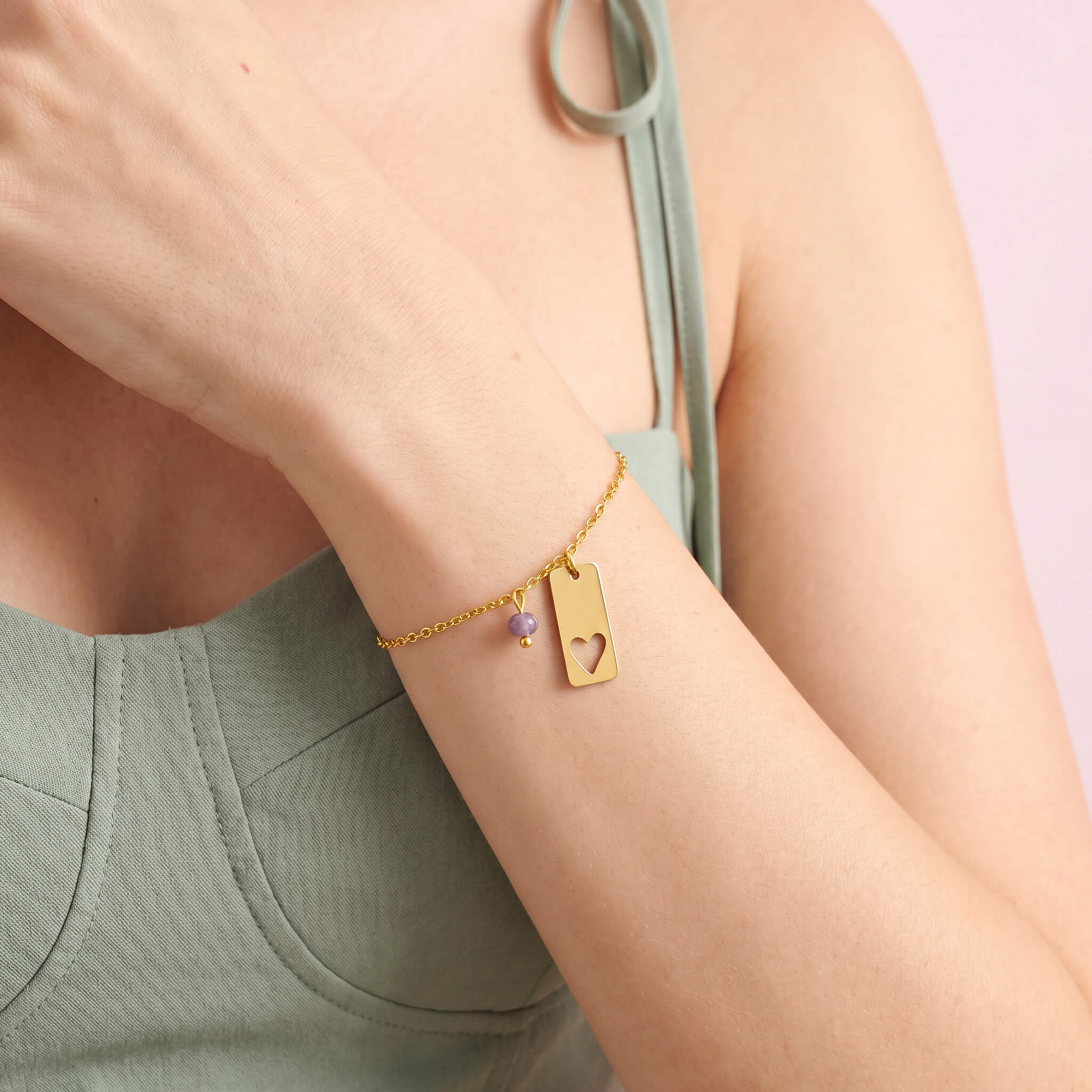 Pulsera Placa Corazón Calado Con Murano Violeta