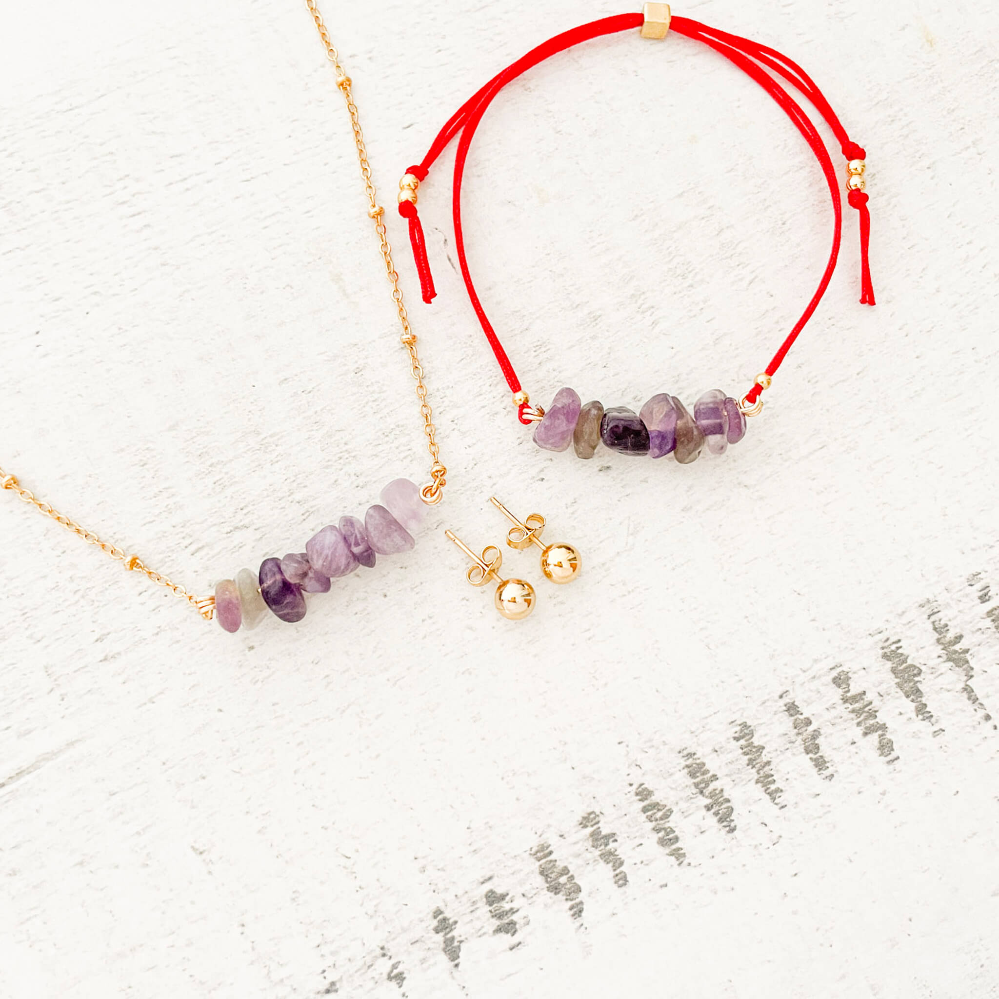 Set Cadena Amatista + Pulsera Amatista Hilo Rojo + Topos