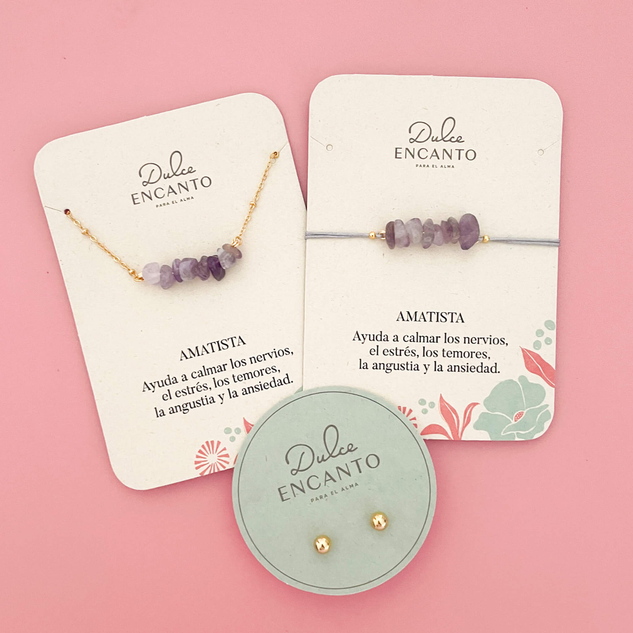 Set Cadena Amatista + Pulsera Amatista Hilo Gris + Topos