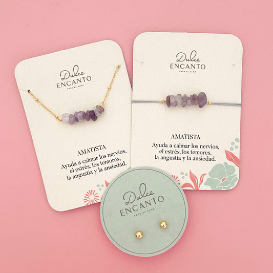 Set Cadena Amatista + Pulsera Amatista Hilo Gris + Topos