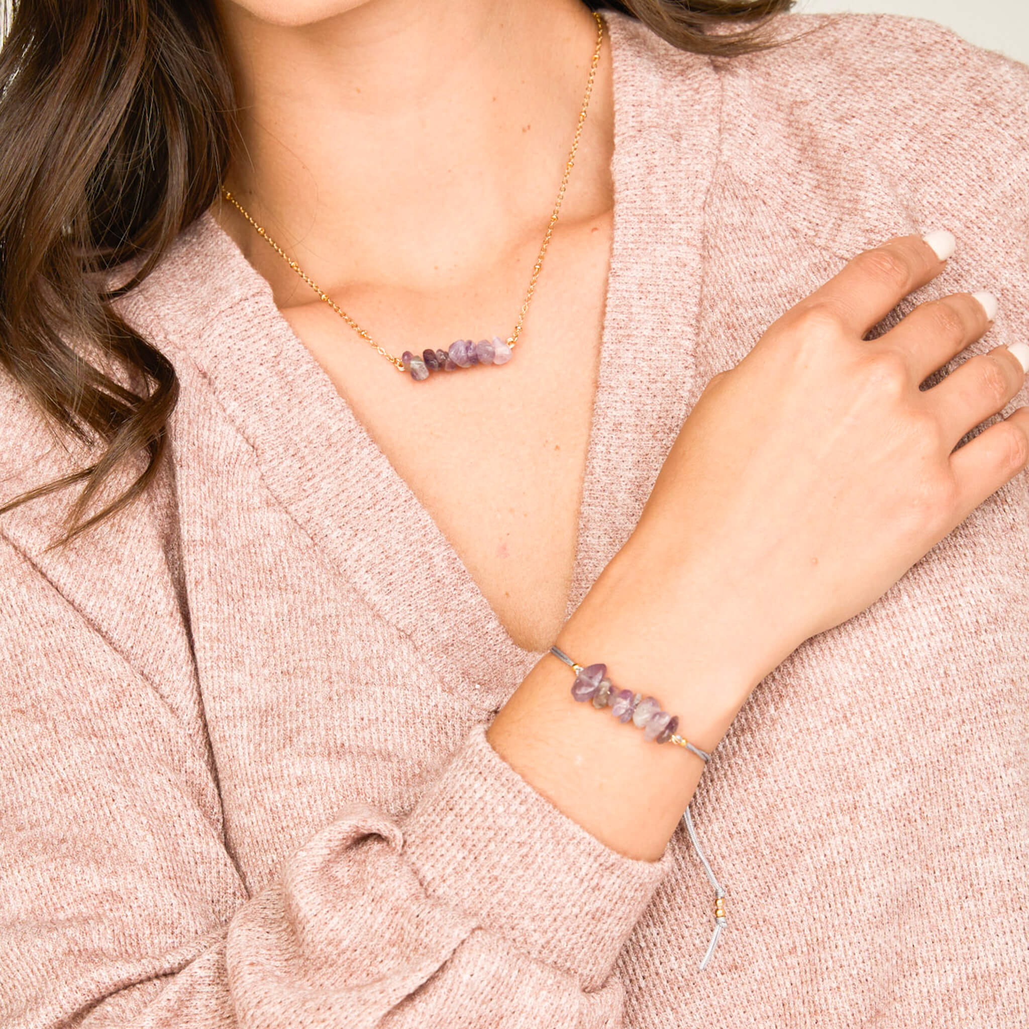 Set Cadena Amatista + Pulsera Amatista Hilo Gris + Topos