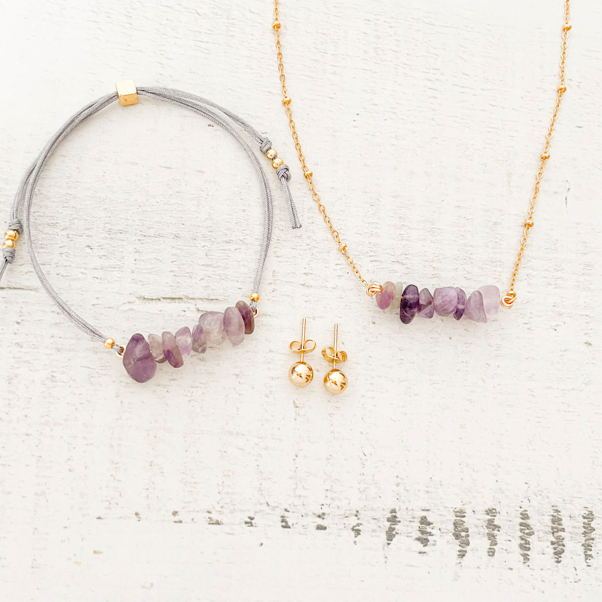 Set Cadena Amatista + Pulsera Amatista Hilo Gris + Topos