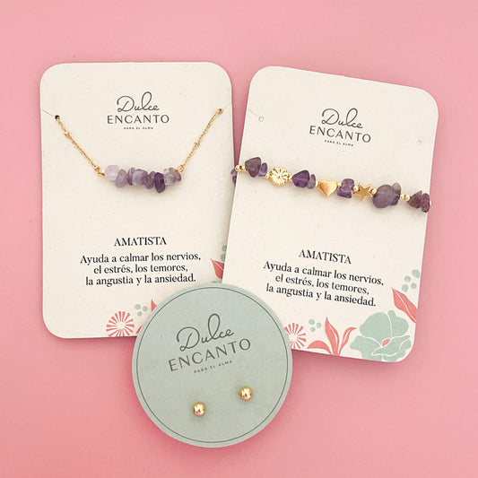 Set Cadena Amatista + Pulsera Amatista Elástica + Topos