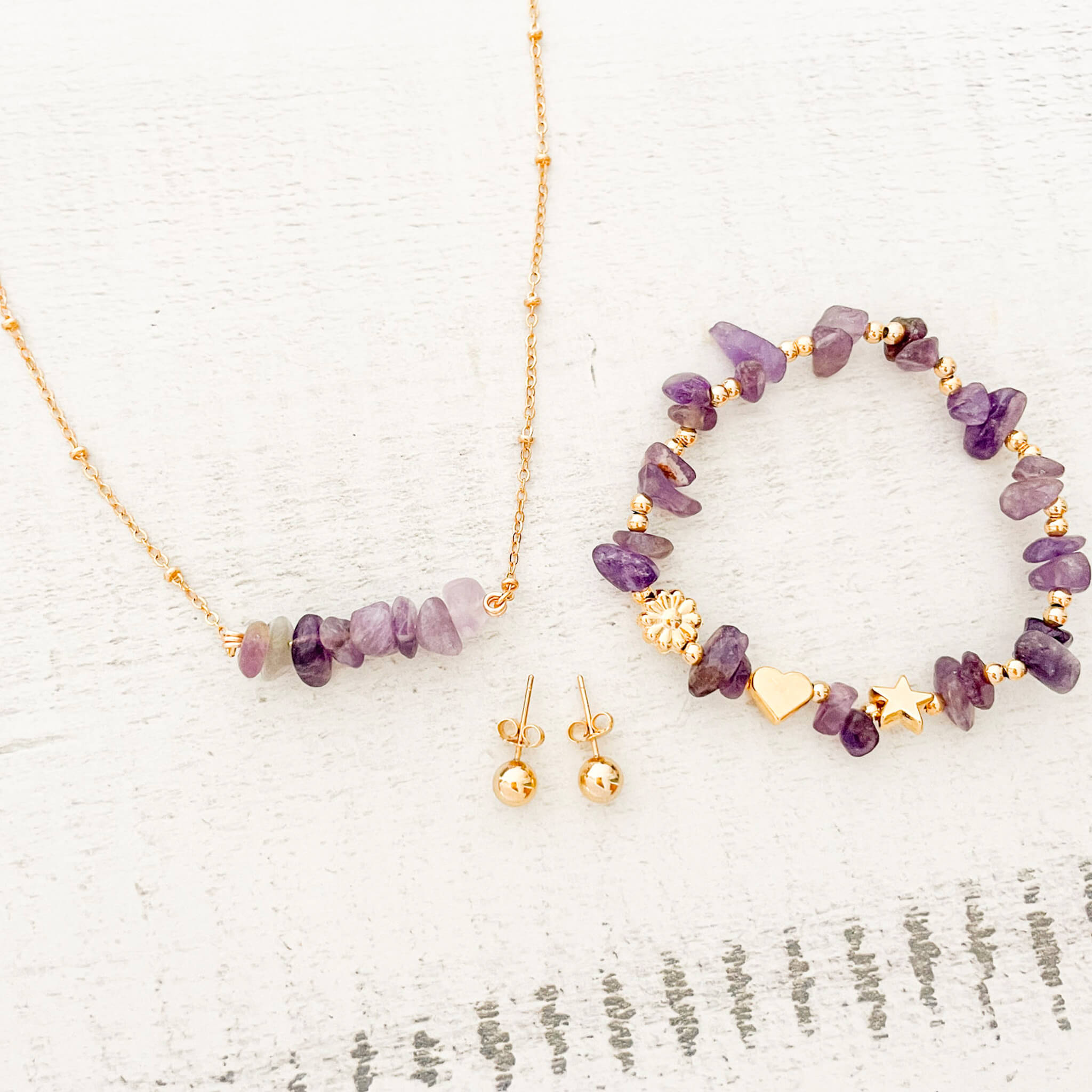 Set Cadena Amatista + Pulsera Amatista Elástica + Topos