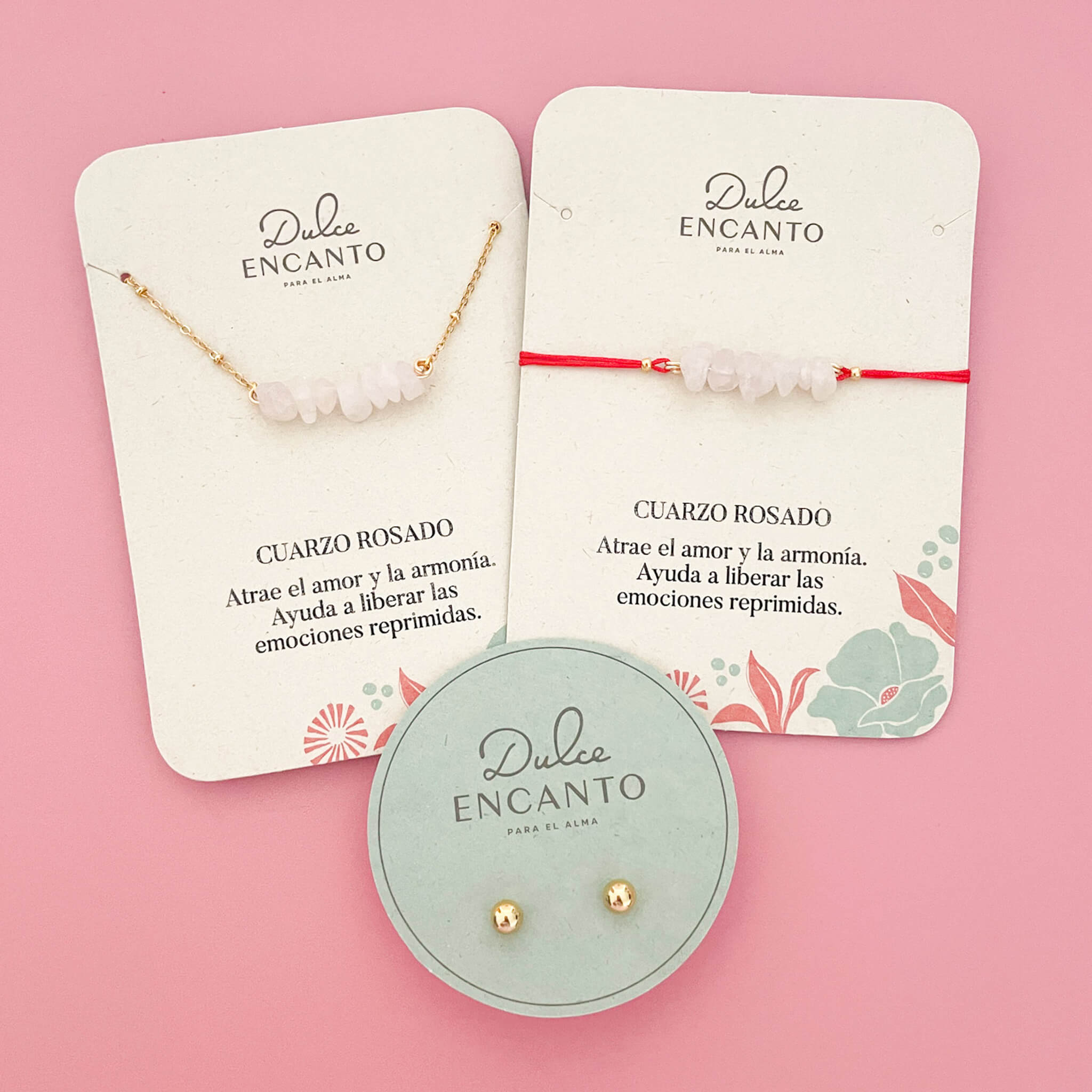 Set Cadena Cuarzo Rosa + Pulsera Cuarzo Rosa Hilo Rojo + Topos