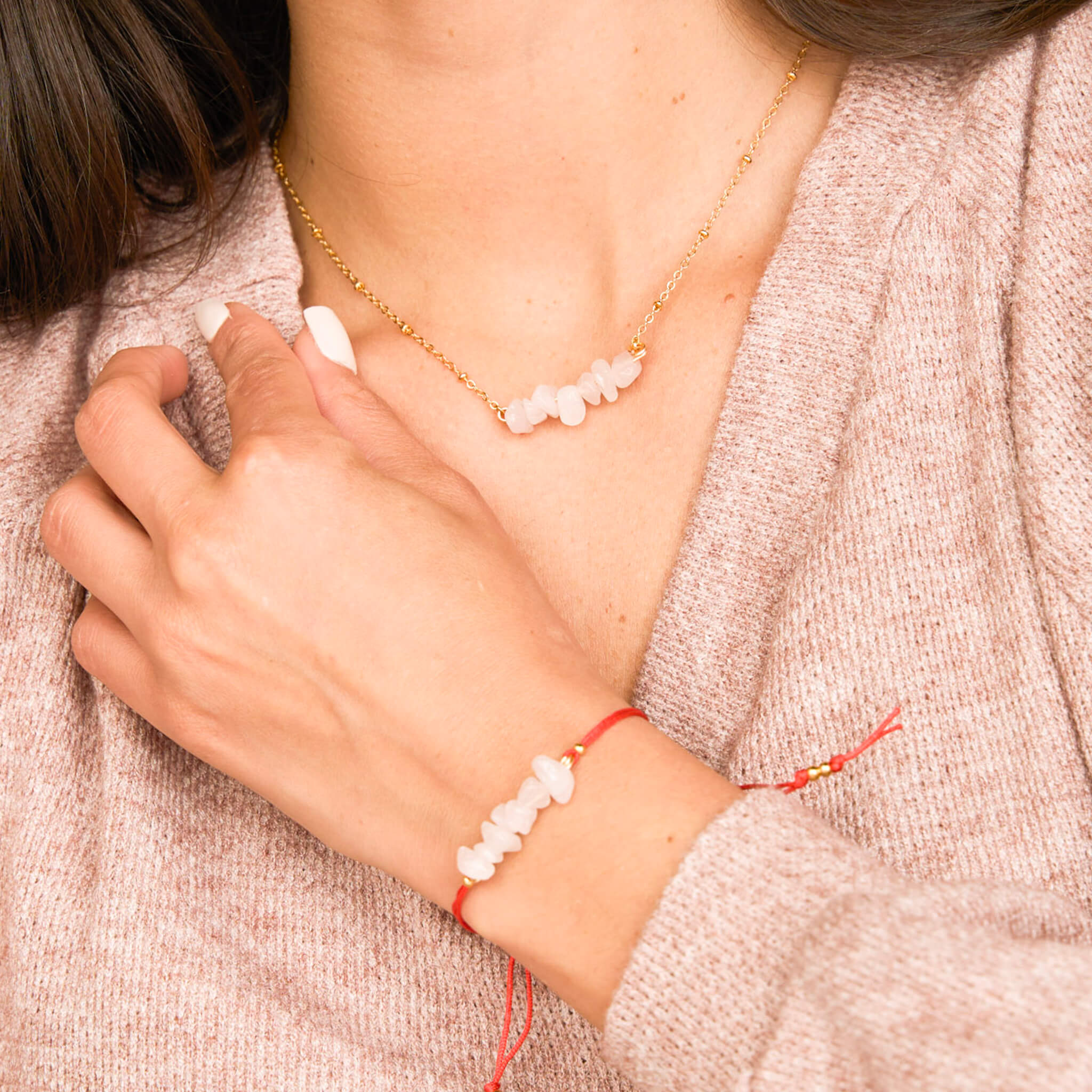 Set Cadena Cuarzo Rosa + Pulsera Cuarzo Rosa Hilo Rojo + Topos