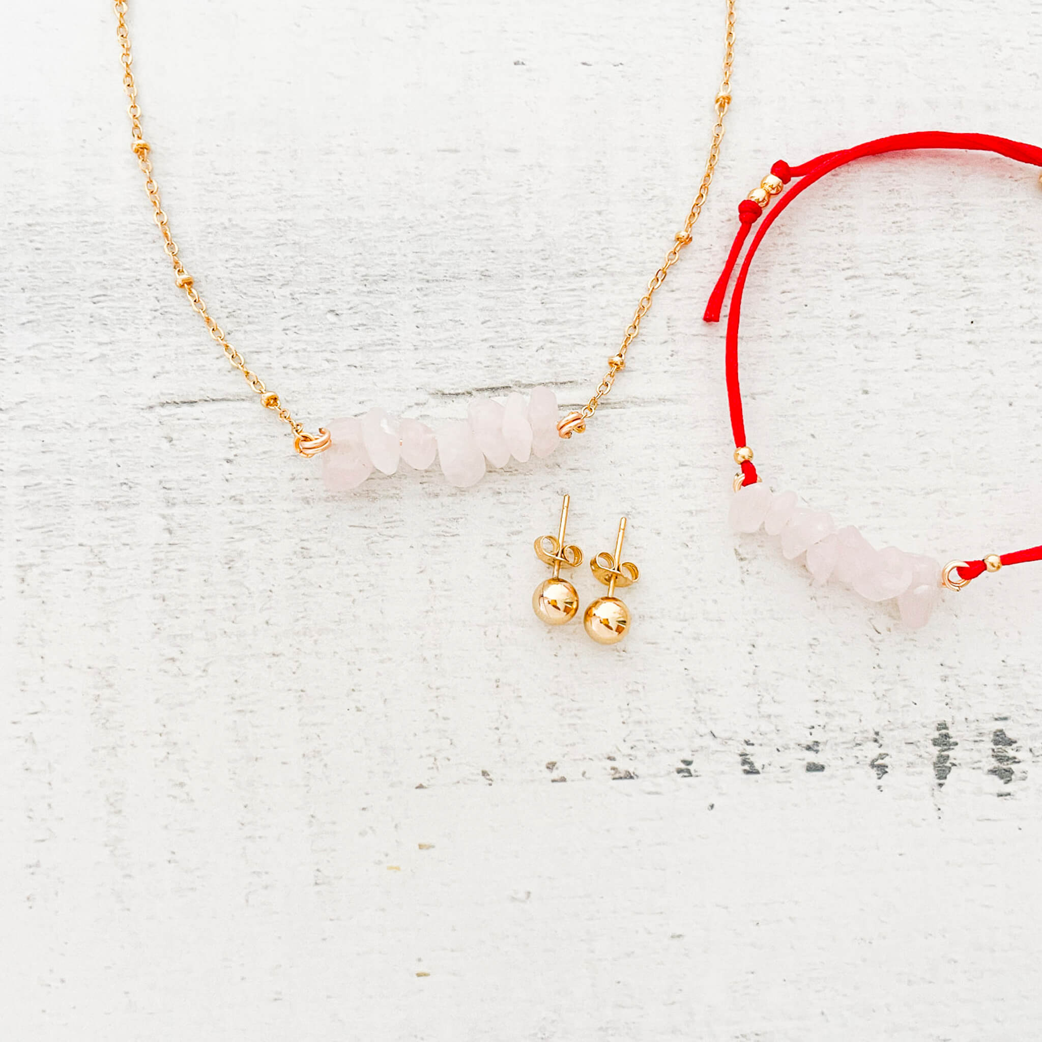 Set Cadena Cuarzo Rosa + Pulsera Cuarzo Rosa Hilo Rojo + Topos
