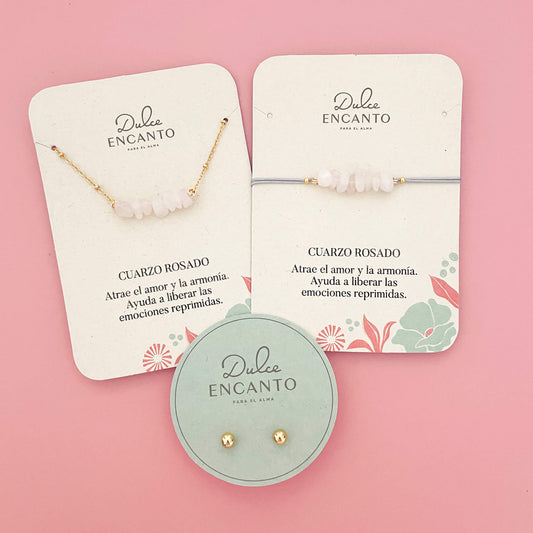 Set Cadena Cuarzo Rosa + Pulsera Cuarzo Rosa Hilo Gris + Topos