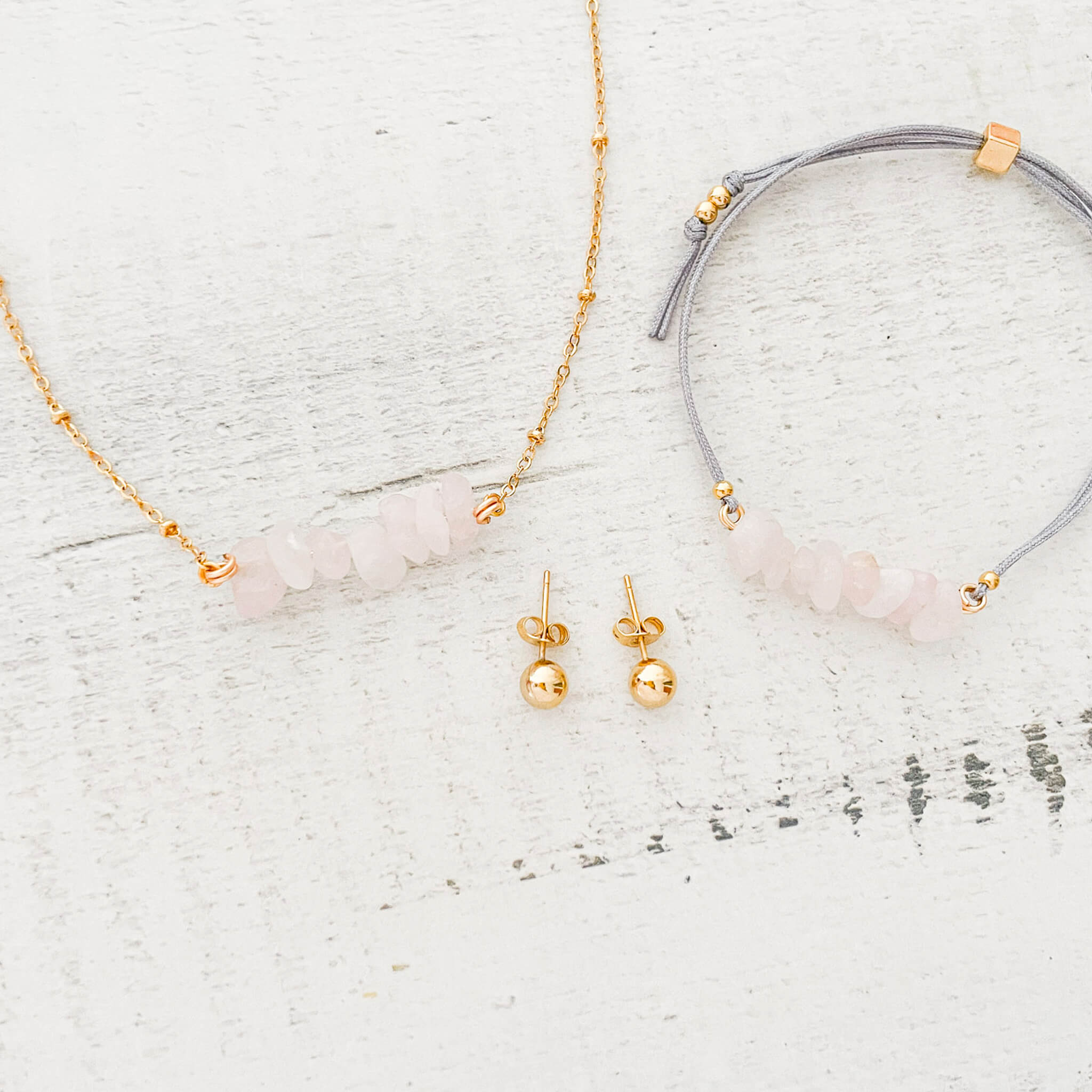 Set Cadena Cuarzo Rosa + Pulsera Cuarzo Rosa Hilo Gris + Topos