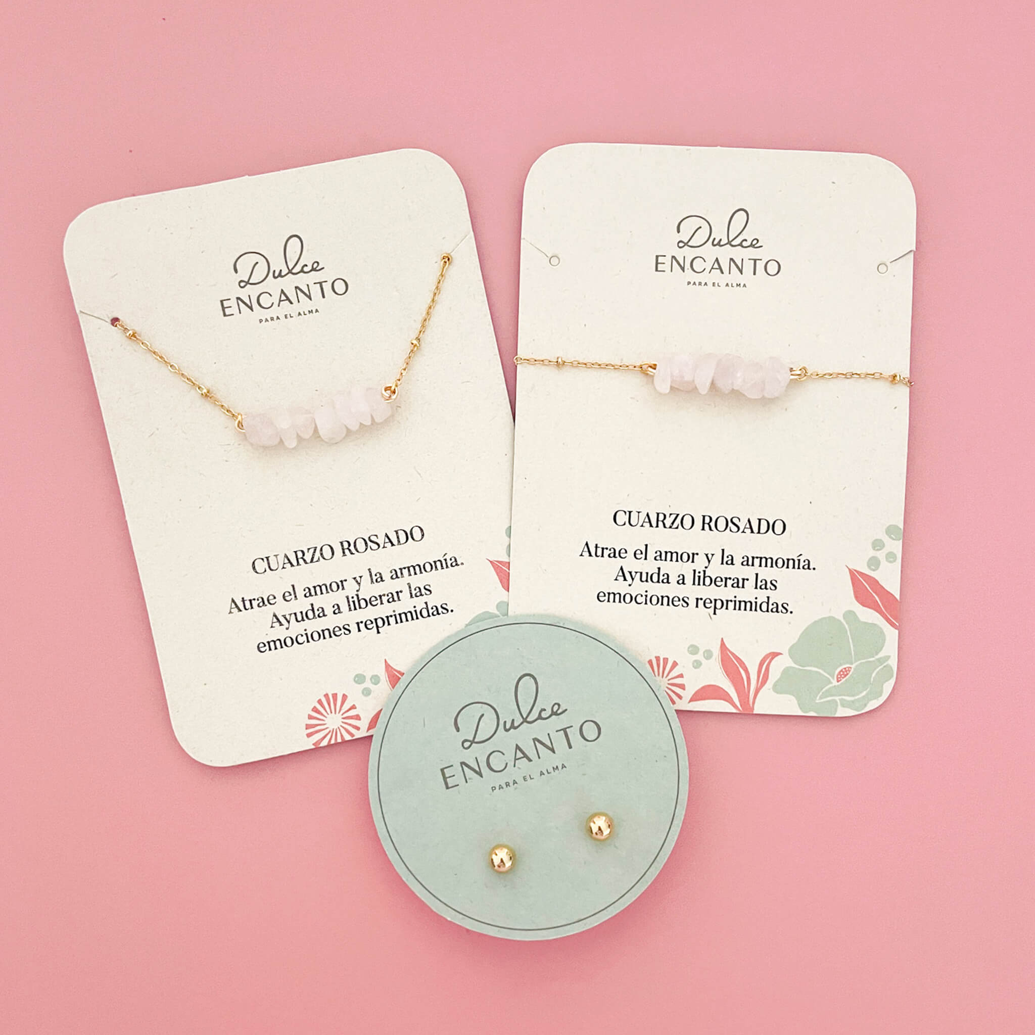 Set Cadena Cuarzo Rosa + Pulsera Cuarzo Rosa Broche + Topos
