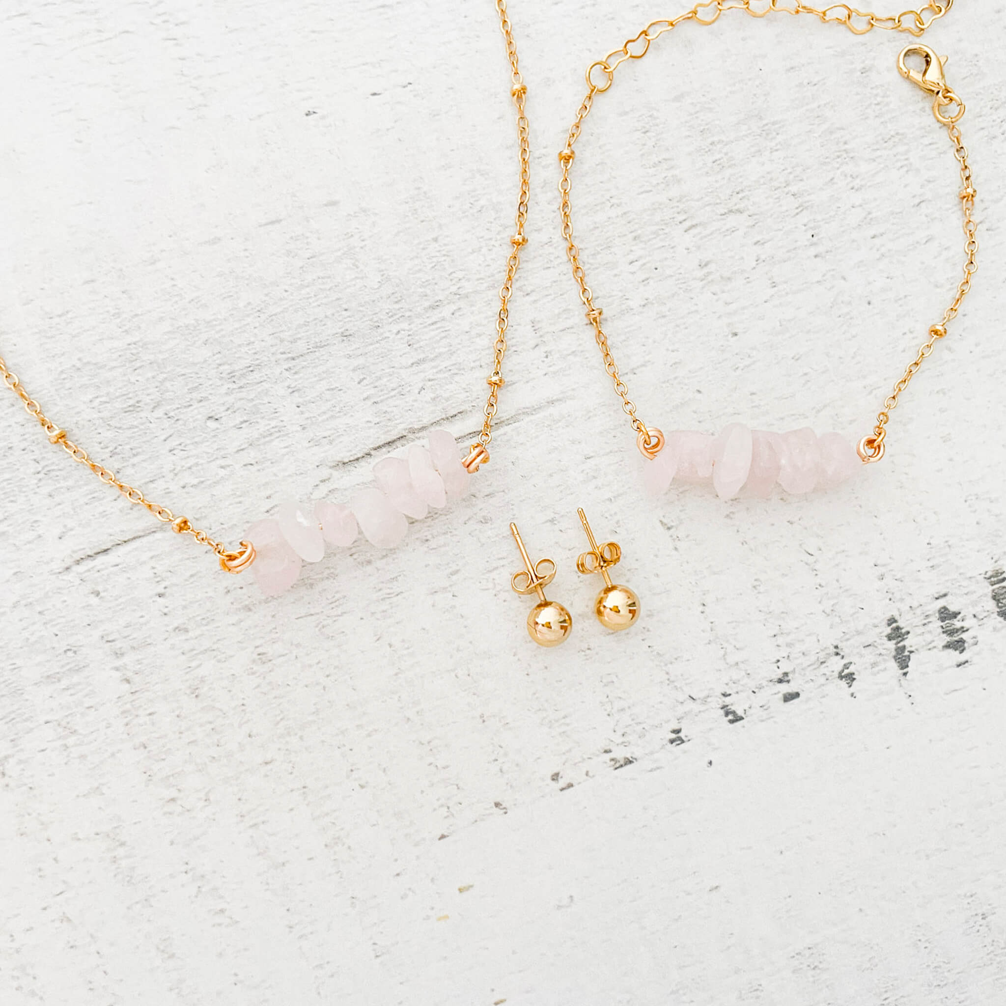 Set Cadena Cuarzo Rosa + Pulsera Cuarzo Rosa Broche + Topos