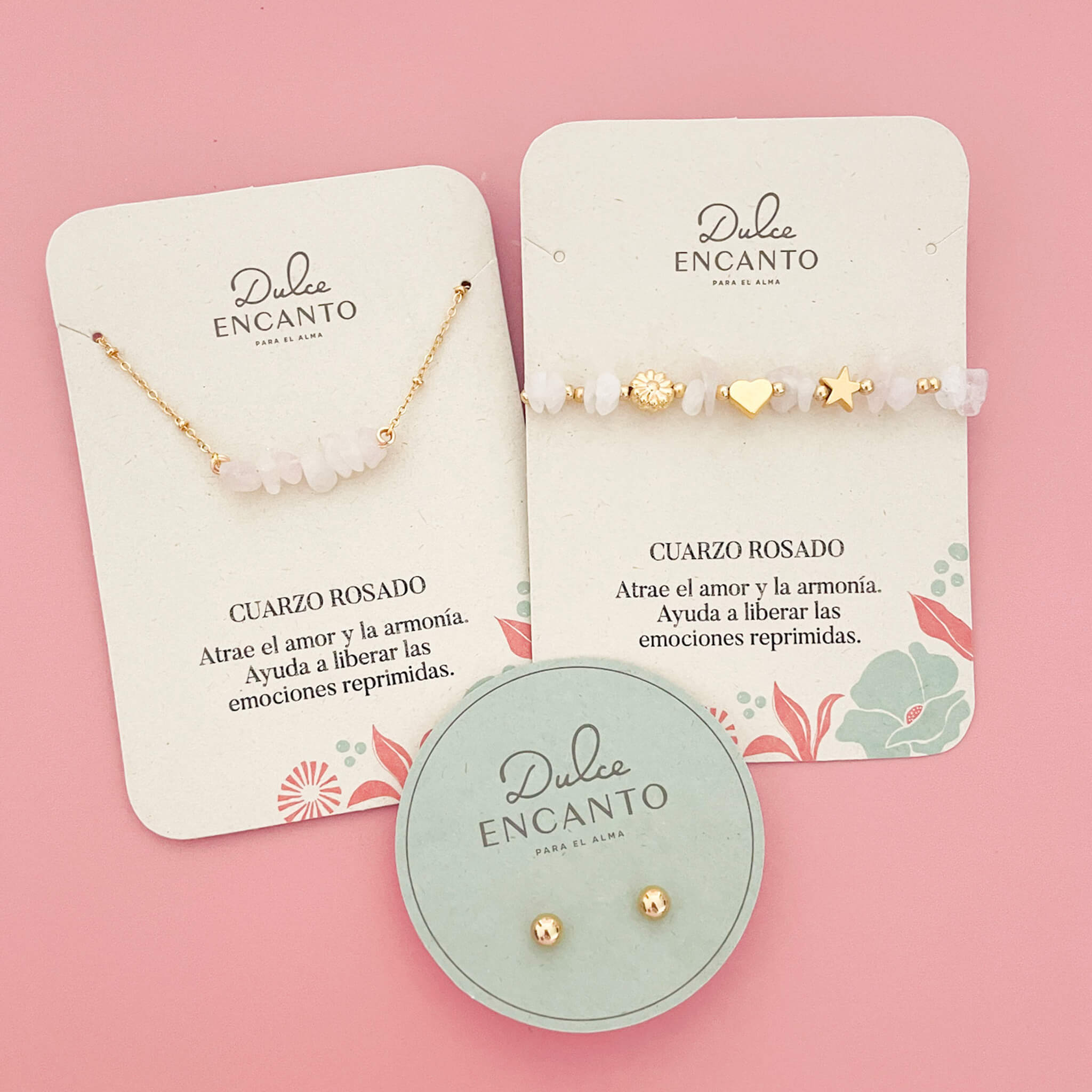 Set Cadena Cuarzo Rosa + Pulsera Cuarzo Rosa Elástica + Topos