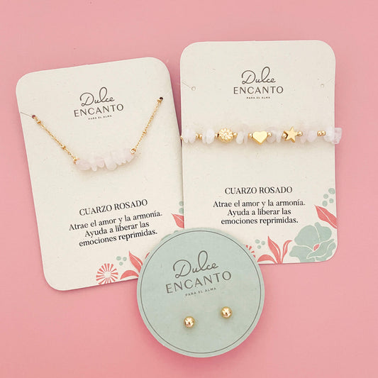 Set Cadena Cuarzo Rosa + Pulsera Cuarzo Rosa Elástica + Topos