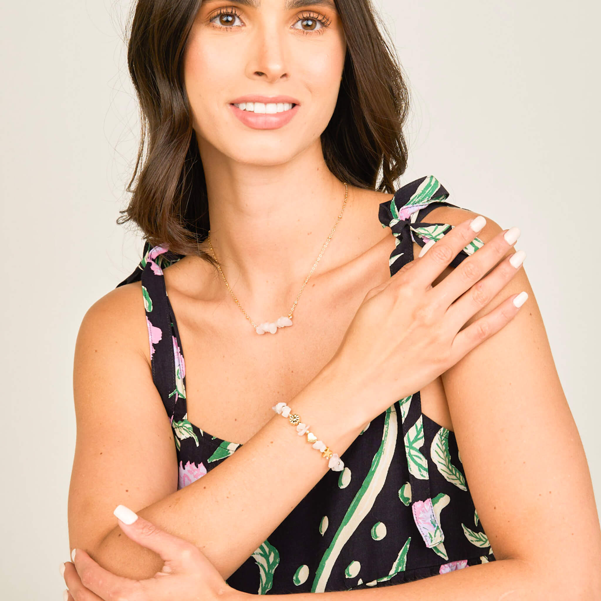 Set Cadena Cuarzo Rosa + Pulsera Cuarzo Rosa Elástica + Topos