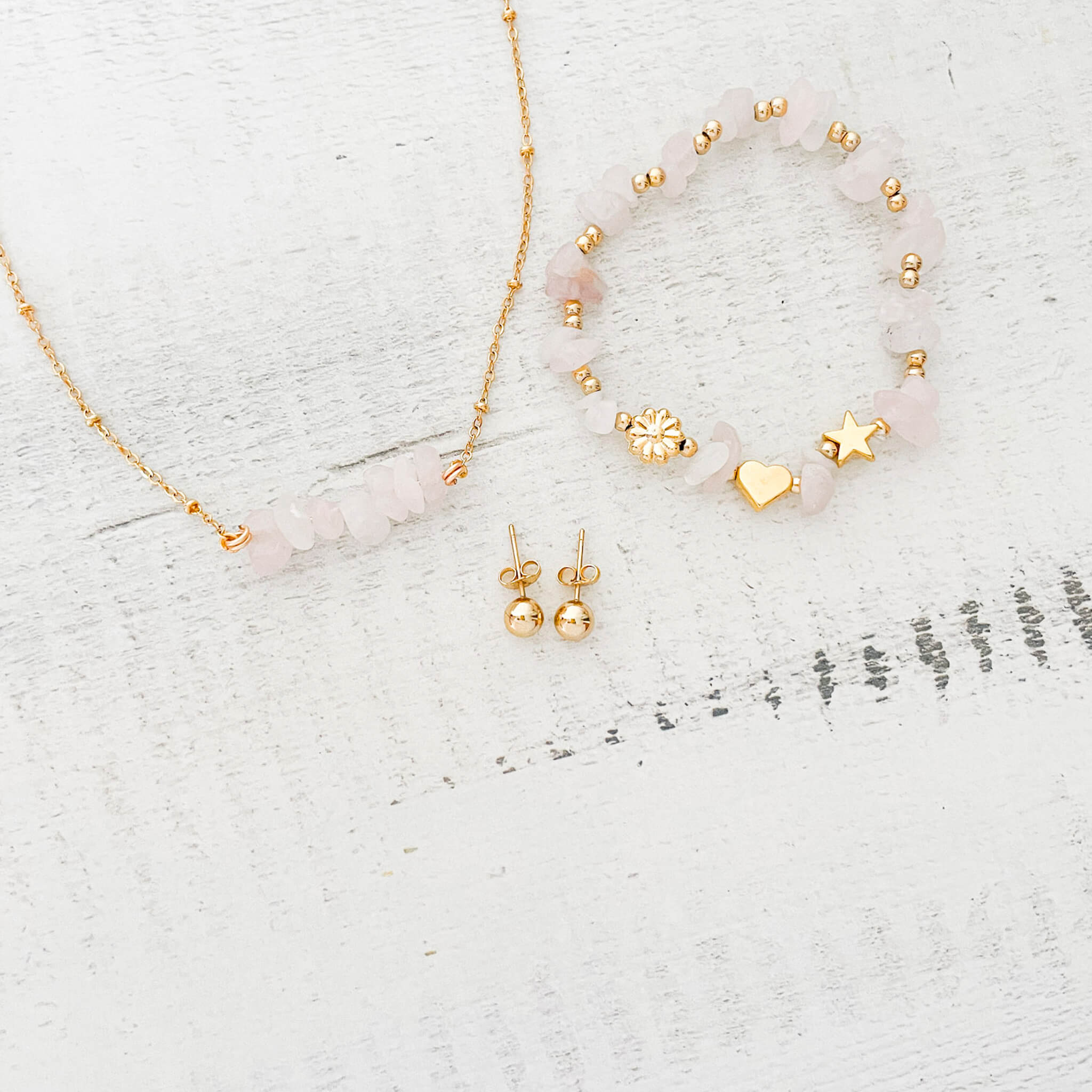 Set Cadena Cuarzo Rosa + Pulsera Cuarzo Rosa Elástica + Topos