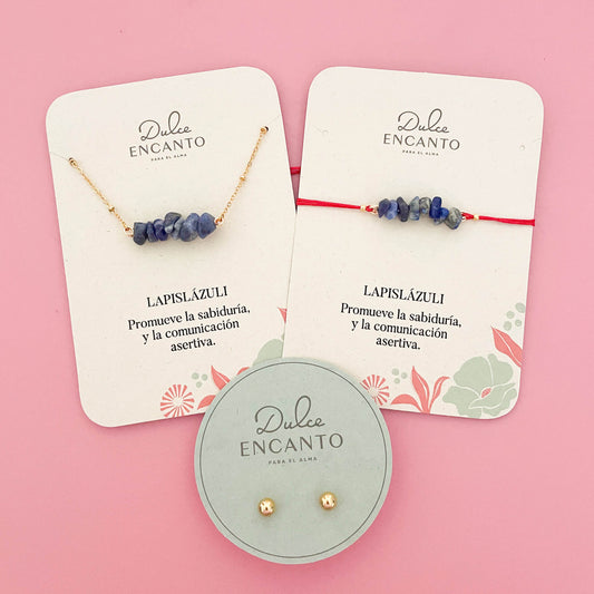 Set Cadena Lapislázuli + Pulsera Lapislázuli Hilo Rojo + Topos