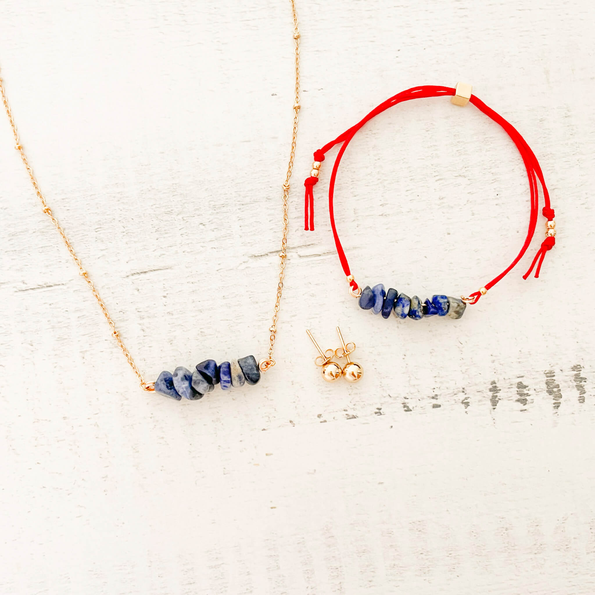 Set Cadena Lapislázuli + Pulsera Lapislázuli Hilo Rojo + Topos