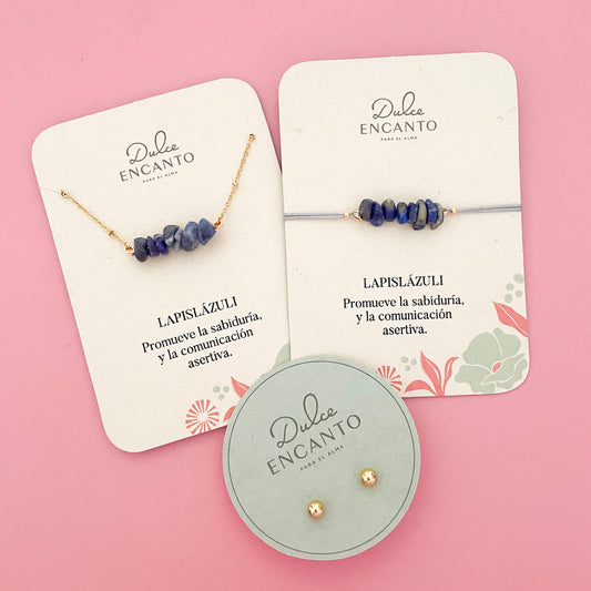 Set Cadena Lapislázuli + Pulsera Lapislázuli Hilo Gris + Topos