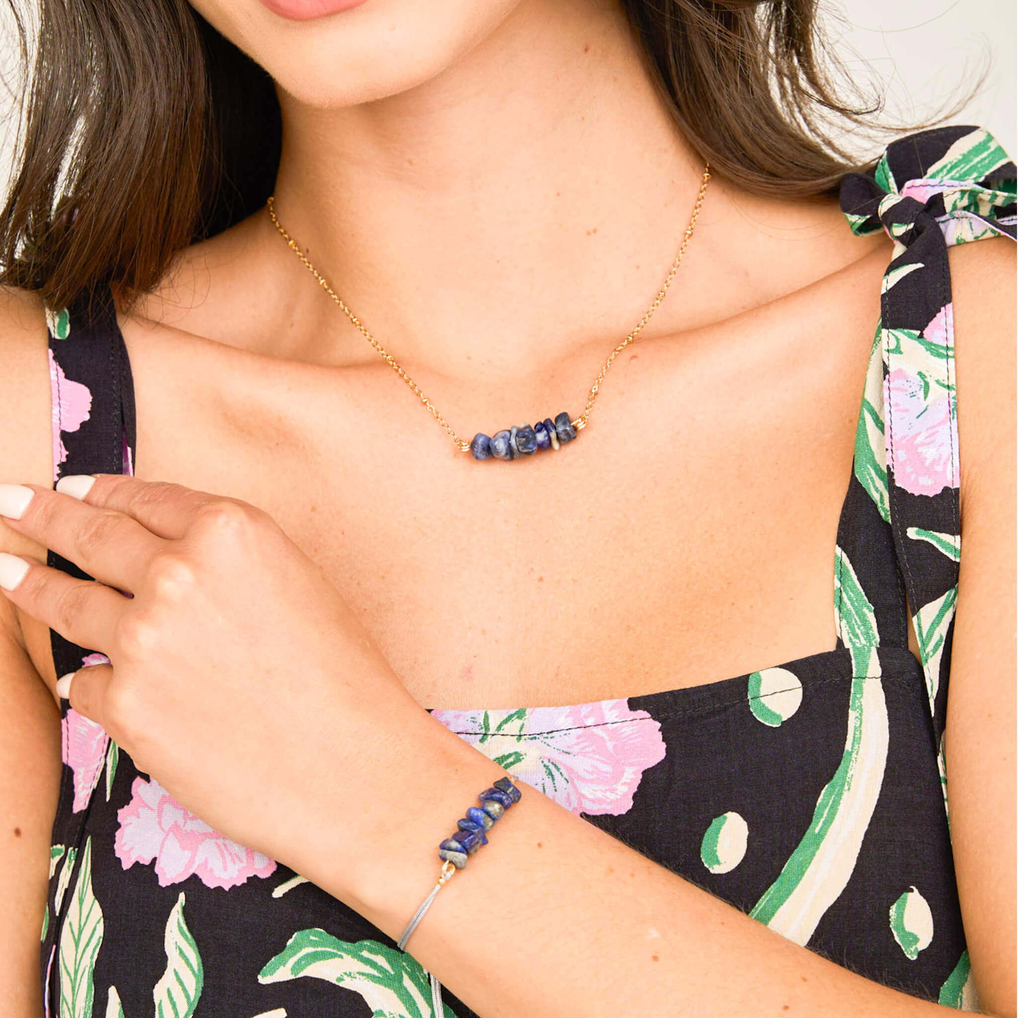 Set Cadena Lapislázuli + Pulsera Lapislázuli Hilo Gris + Topos