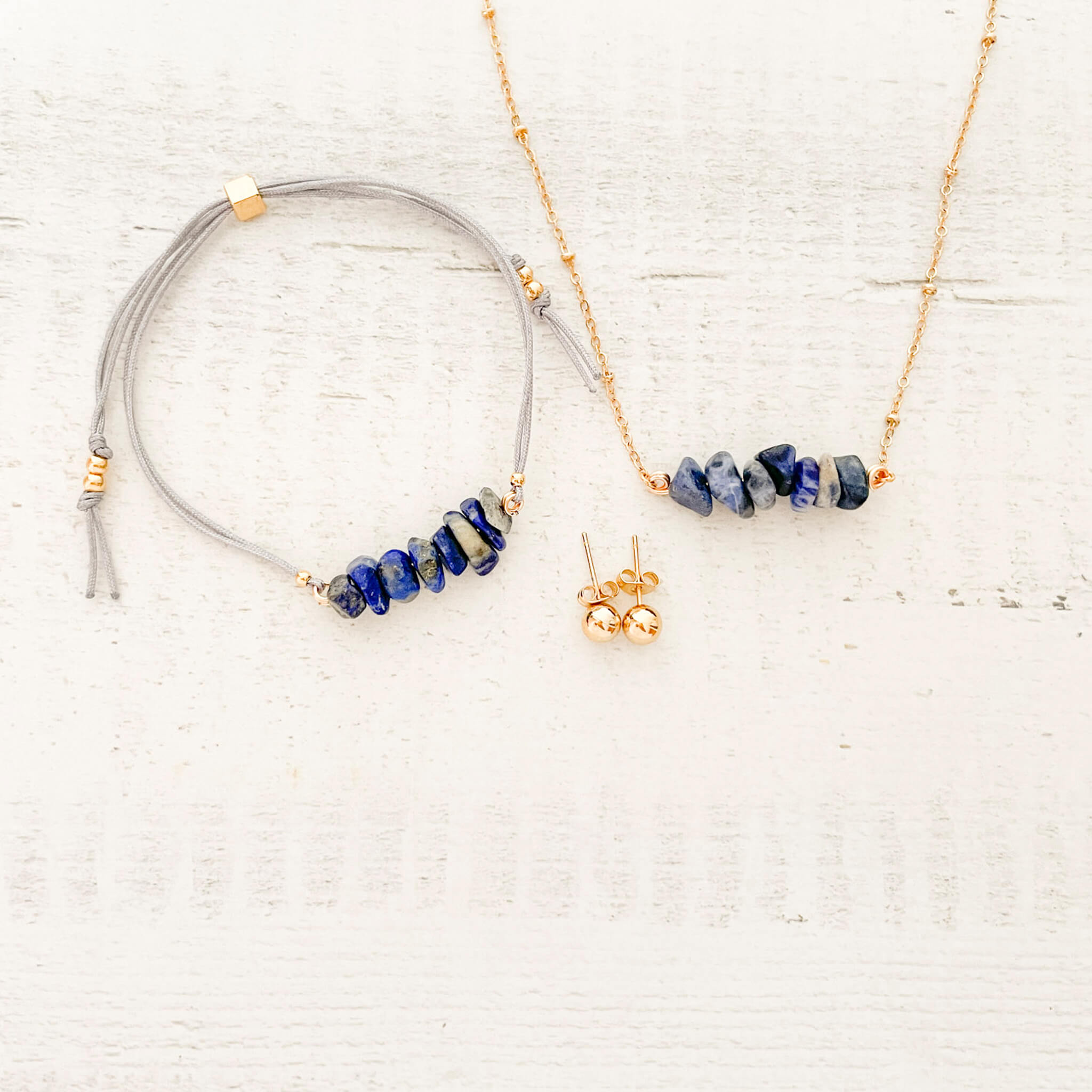 Set Cadena Lapislázuli + Pulsera Lapislázuli Hilo Gris + Topos