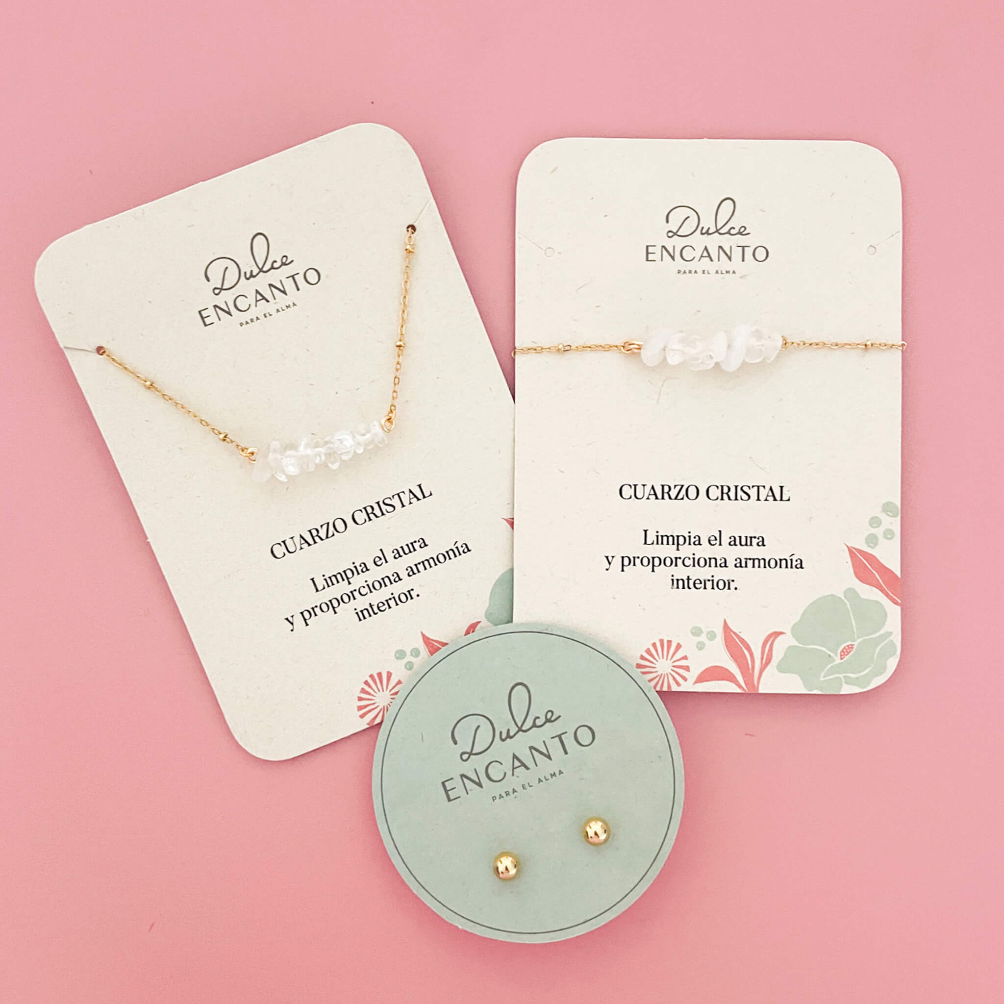 Set Cadena Cuarzo Cristal + Pulsera Cuarzo Cristal Broche + Topos