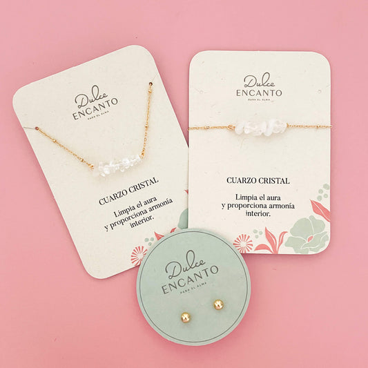Set Cadena Cuarzo Cristal + Pulsera Cuarzo Cristal Broche + Topos