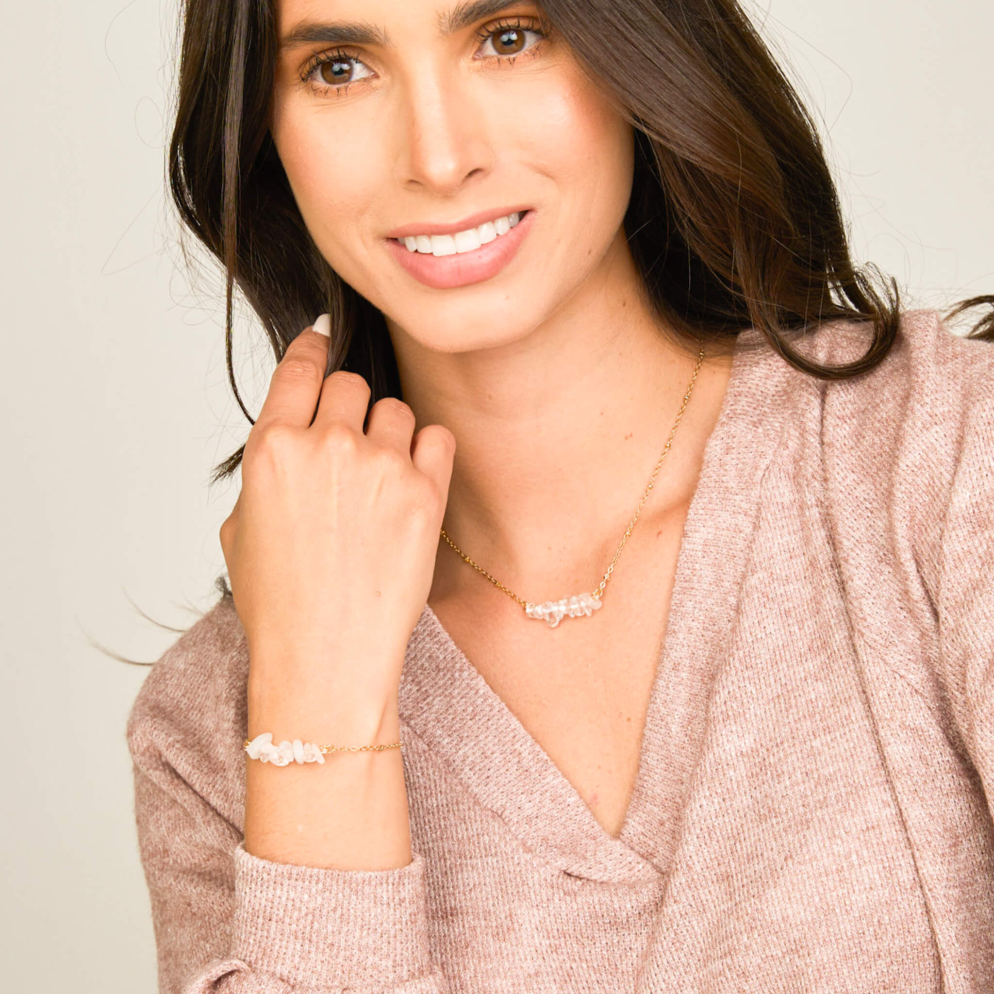 Set Cadena Cuarzo Cristal + Pulsera Cuarzo Cristal Broche + Topos