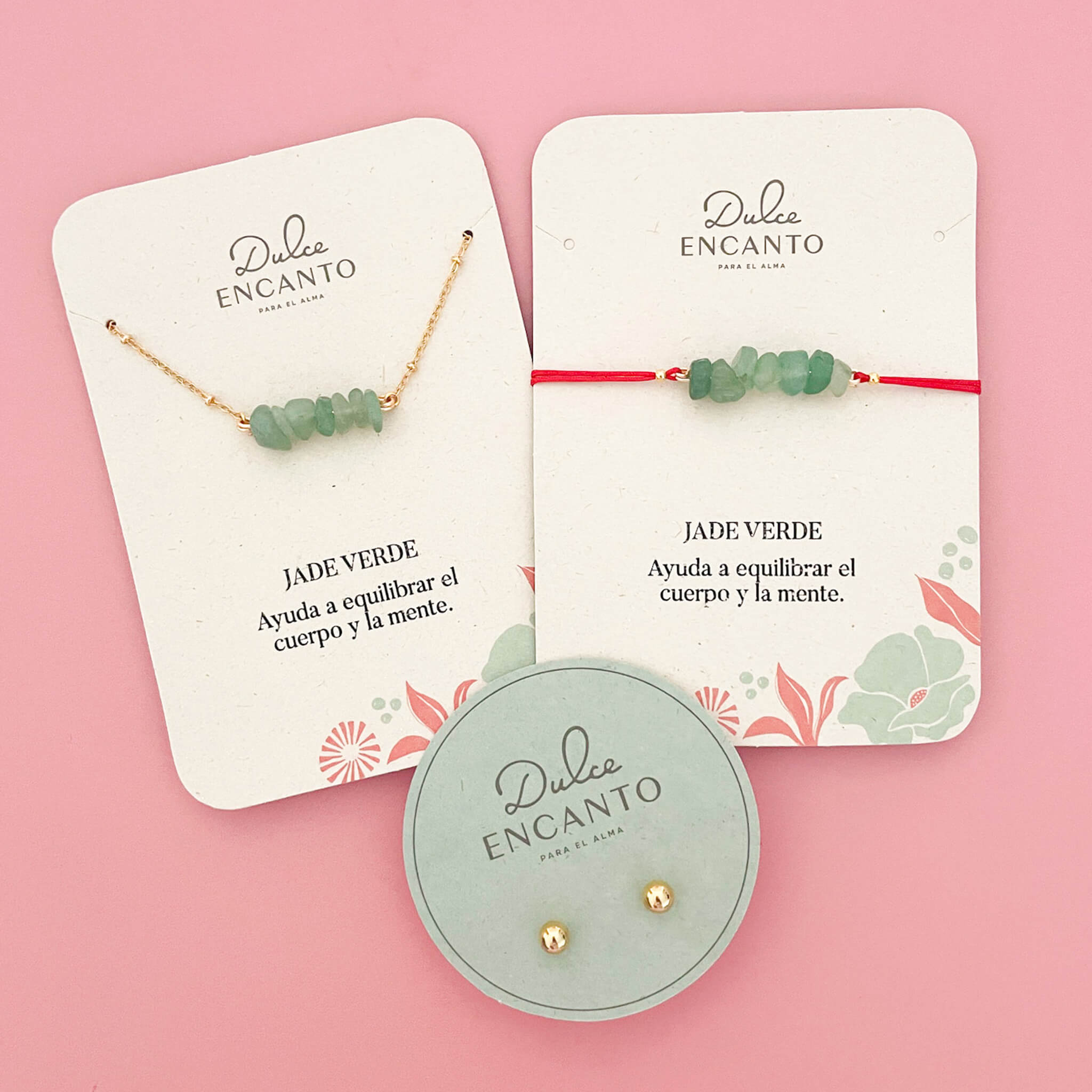 Set Cadena Jade Verde + Pulsera Jade Verde Hilo Rojo + Topos