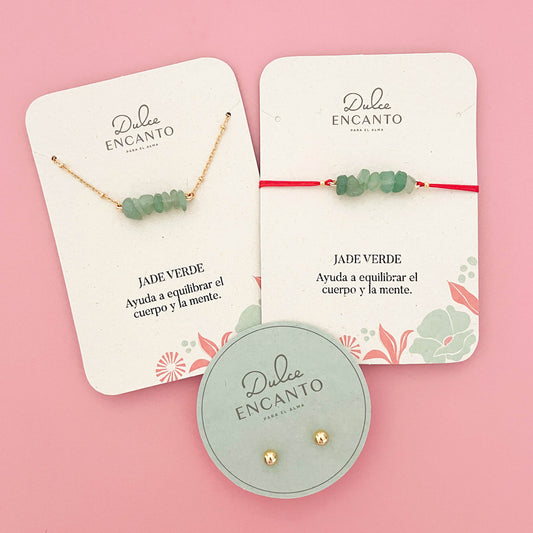 Set Cadena Jade Verde + Pulsera Jade Verde Hilo Rojo + Topos