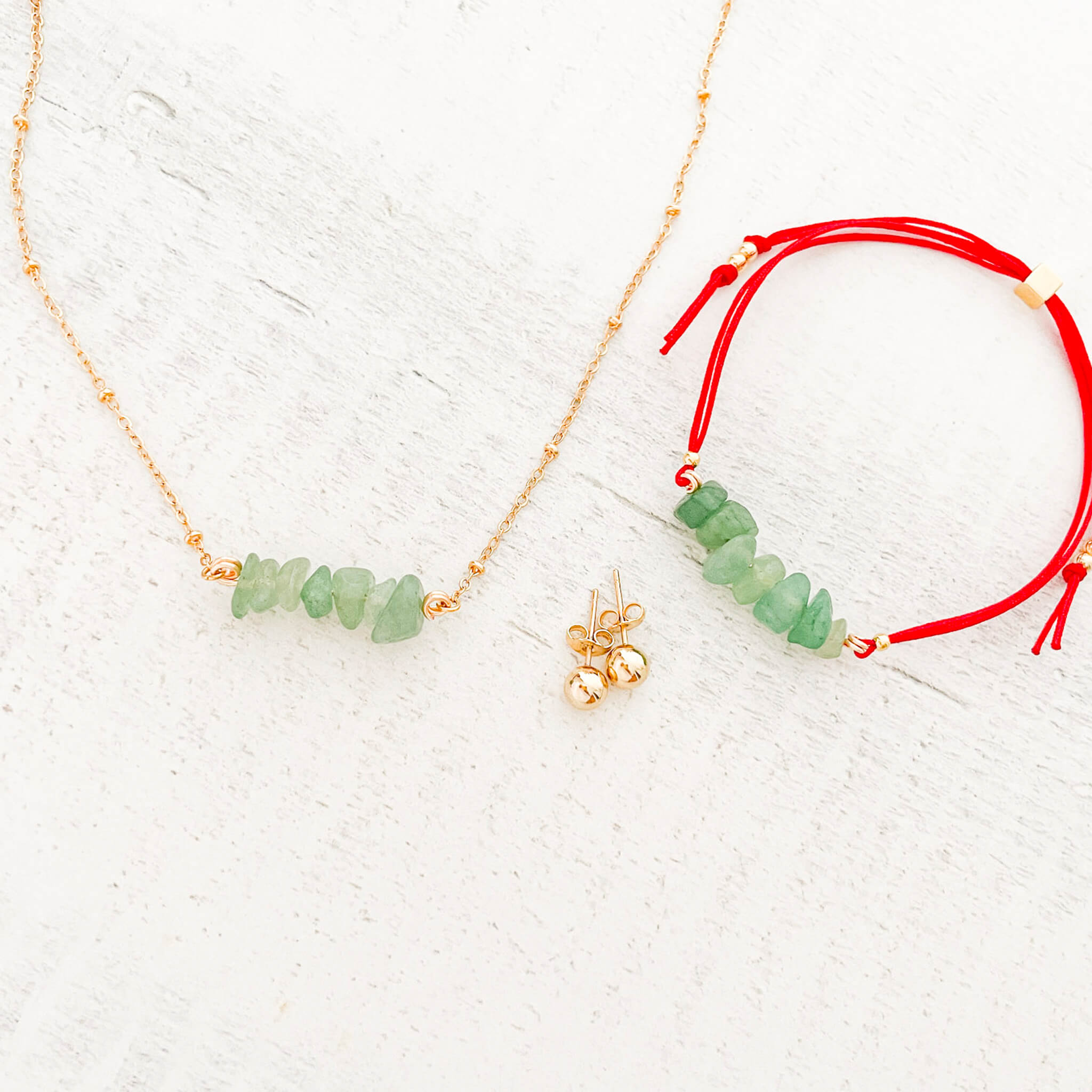 Set Cadena Jade Verde + Pulsera Jade Verde Hilo Rojo + Topos