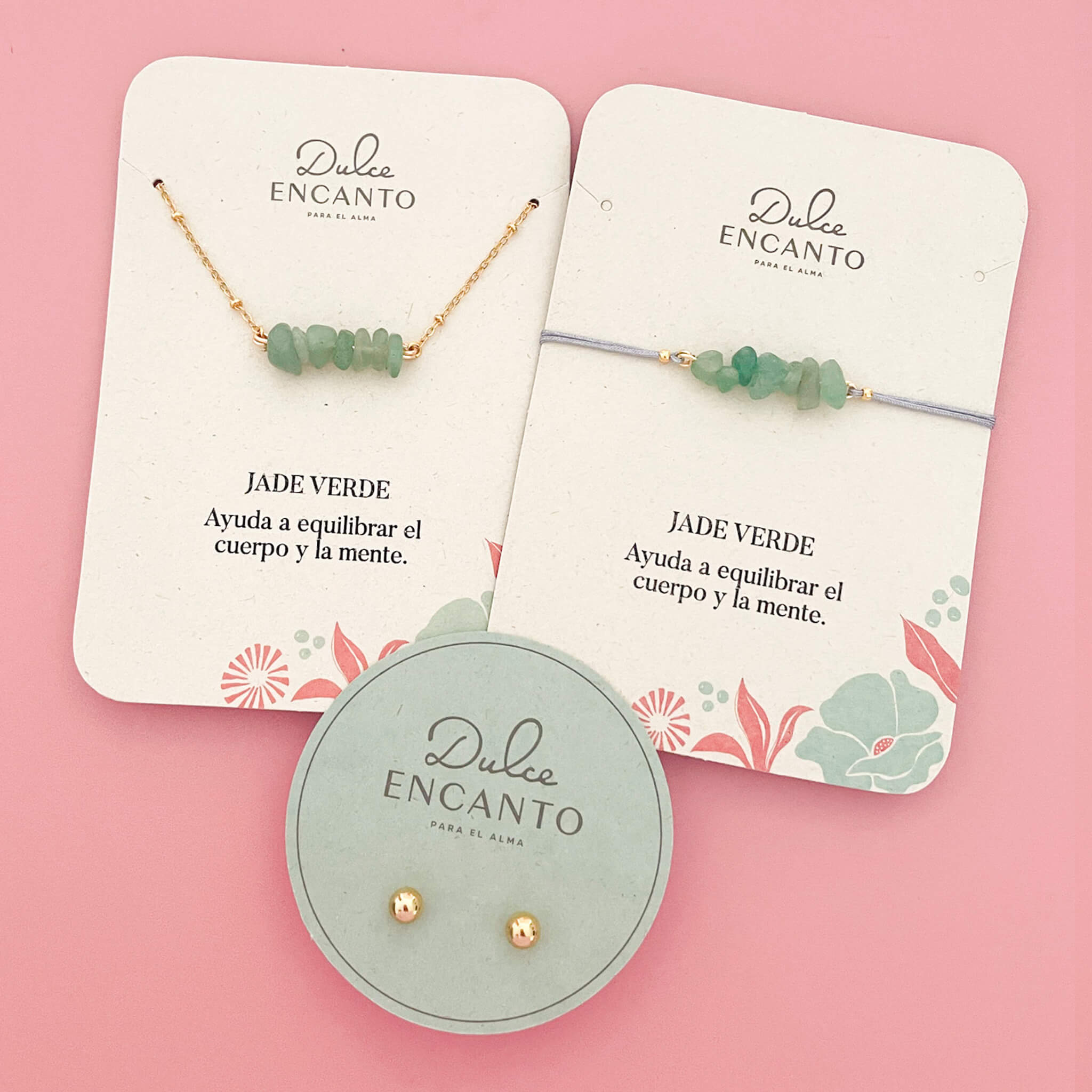 Set Cadena Jade Verde + Pulsera Jade Verde Hilo Gris + Topos