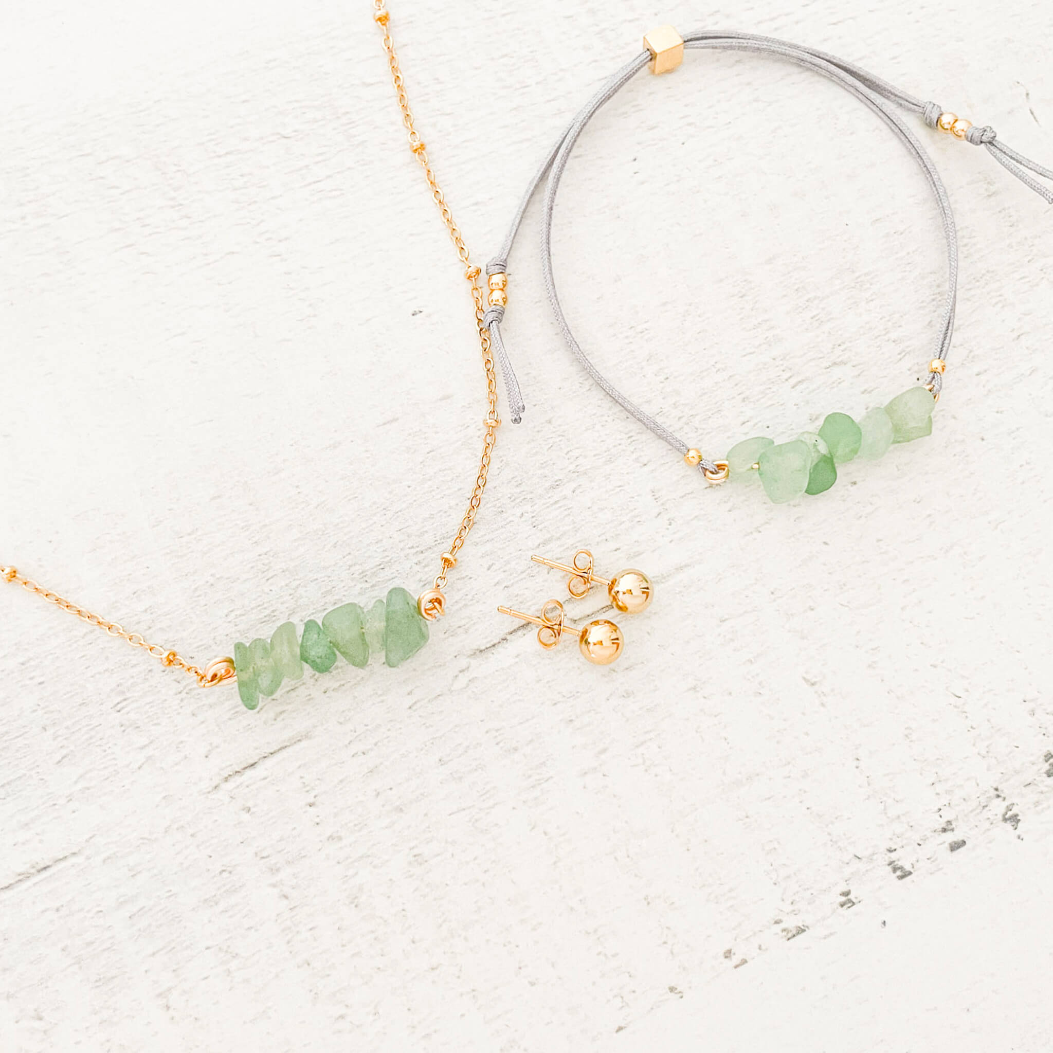 Set Cadena Jade Verde + Pulsera Jade Verde Hilo Gris + Topos