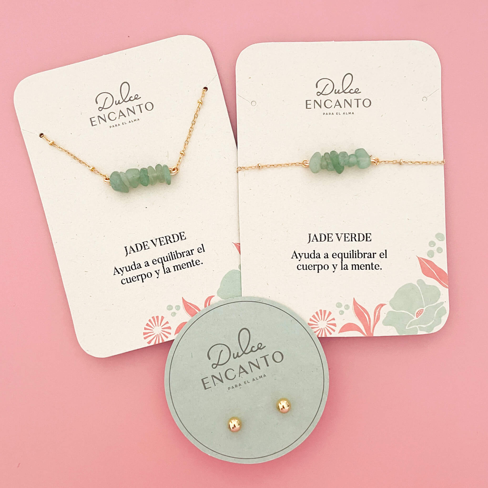 Set Cadena Jade Verde + Pulsera Jade Verde Broche + Topos