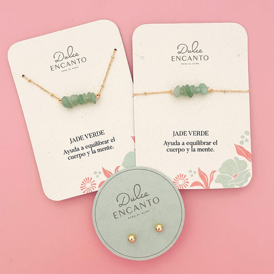 Set Cadena Jade Verde + Pulsera Jade Verde Broche + Topos